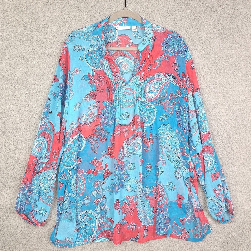 Susan Graver Blouse Womens Large Blue Paisley Floral Sheer Boho Artsy